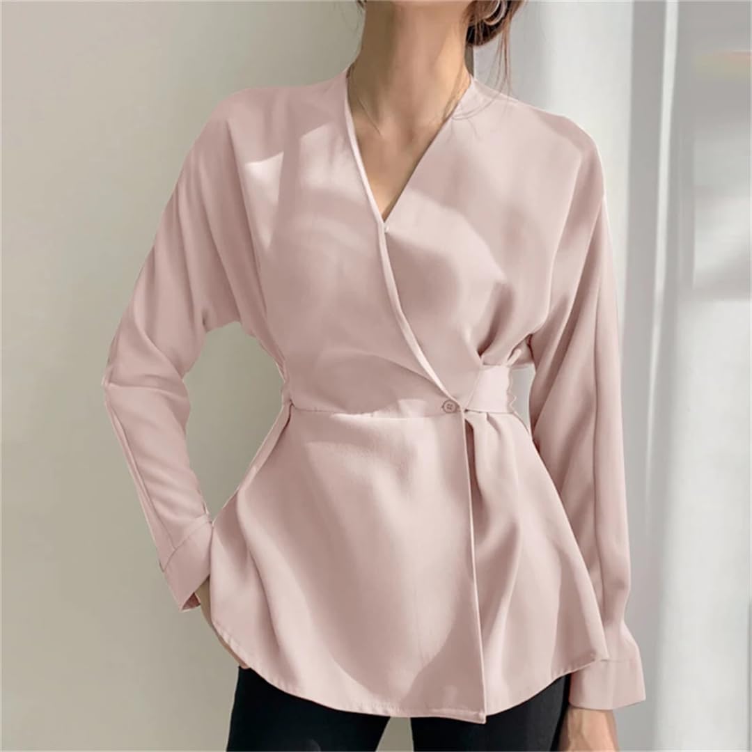 Camisa de verano para mujer, estilo informal, para oficina, color liso, cuello en V, túnica de manga larga