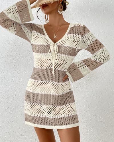 Image of Bsubseach Women Swimsuit Crochet Coverup Long Sleeve V Neck Beach Dress