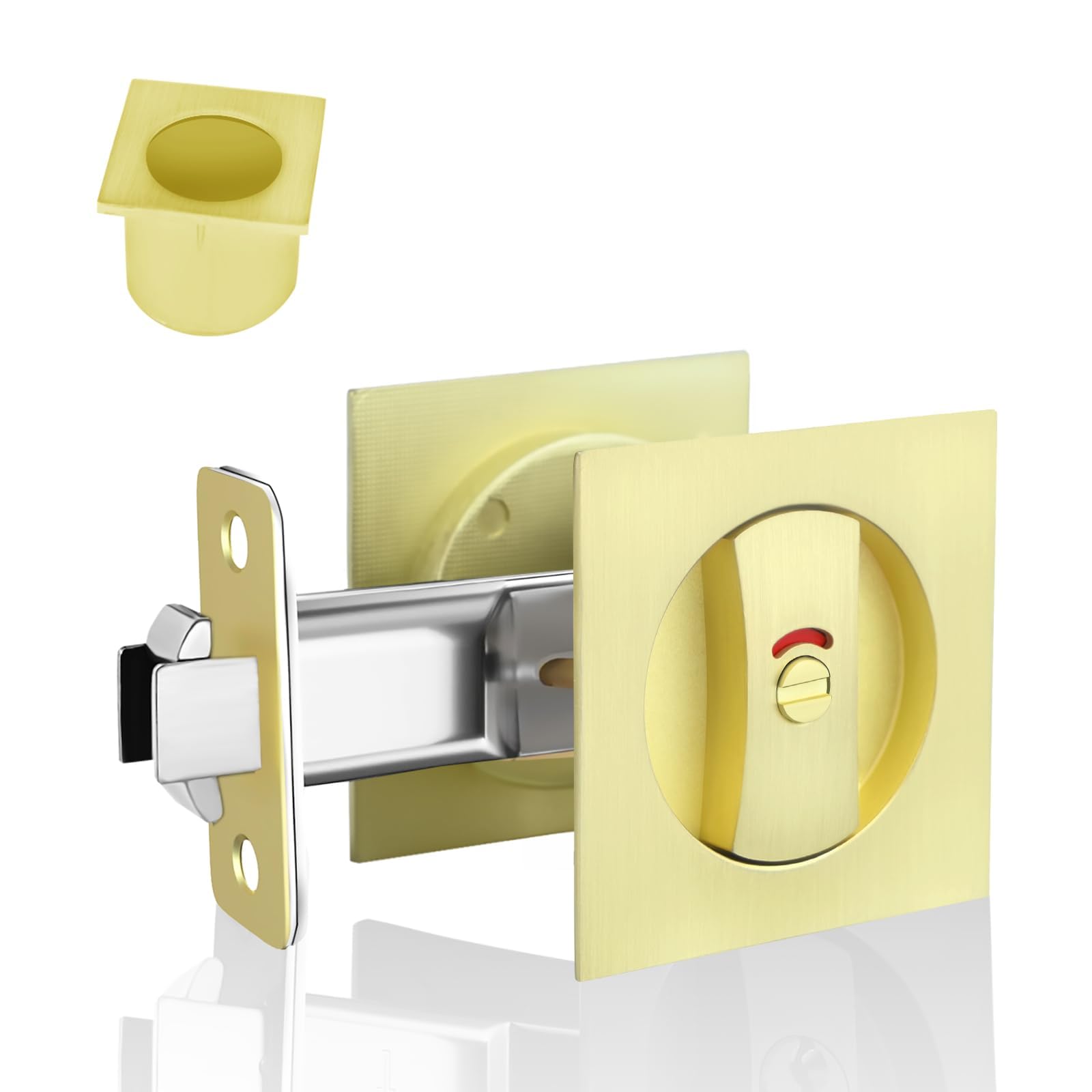 KIDOACOW Golden Pocket Door Lock and Pull, Red-green Indication Privacy Pocket Door Hardware for Bed/Bath Room, Recessed Mounting Flush with The Surface, Contemporary Pocket Door Latch(2-3/4" Backset)
