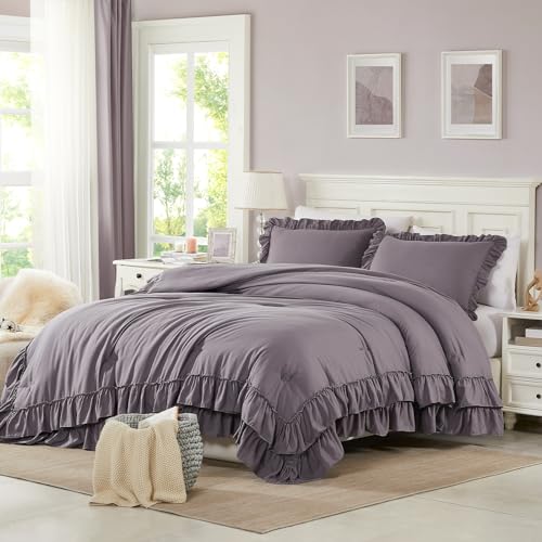 Image of Cupocupa Purple Ruffle King Size Comforter Set, Shabby Chic Boho Bedding Comforter Sets, Fluffy Cozy Bedding Comforters & Sets for All Season, 3PCS Lightweight Farmhouse Rustic Bedding Sets