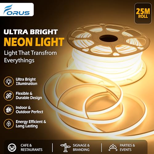 Image of Forus 25 Meter LED Neon Strip Light, 10mm Yellow Waterproof Flexible 25M COB Neon Rope Light, Cuttable LED Strip for Indoor Outdoor Wall Decor, Home, Shop, Party & Festival Lighting 1-Yr Warranty