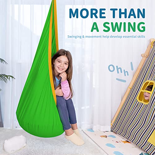 Image of OUTREE Kids Pod Swing Seat, Cotton Child Hammock Swing Chair,Sensory Swing for Indoor and Outdoor Use,Green and Yellow