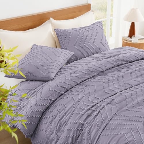Image of Litanika Purple Queen Size Comforter Sets, 3 Pieces Lightweight Chevron Tufted Bedding Comforter Set, Fluffy Down Alternative Comforter Bed Set Gift Choice (90x90In Comforter and 2 Pillowcases)