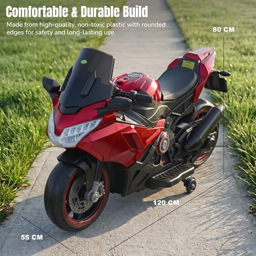 Image of Baybee BoltX Electric Bike for Kids 3+ Years | Baby Rechargeable Battery Bike with Training Wheels, Hand Accelerator, Foot Brake, Led Lights & Music | Battery Operated Bike for Kids to Drive (Red)
