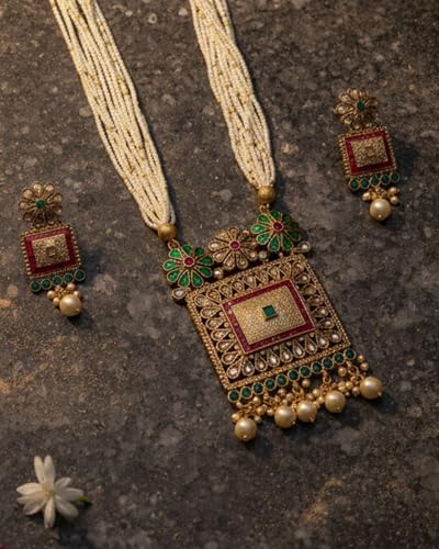 Image of Mansiyaorange South Indian Temple Style Long Pearl Rani Haar with Floral Necklace & Earrings | Traditional Gold Plated Kempu Kundan Stone Jewelry Set for Women