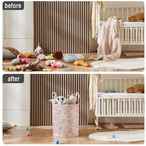 Image of Baby Laundry Basket Nursery Hamper with Long Handles, Pink Butterfly