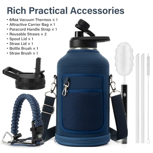 Image of DYSANKY 64 oz Insulated Water Bottle | Upgraded Thickened Stainless Steel Water Jug for Gym and Hiking with Straw, Carrier Bag, Handle Strap | BPA-Free 64 oz