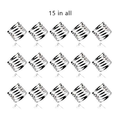 BILI 15 Sets Hollow Out Napkin Rings Gold Napkin Holders for Kitchen Decorations (Silver)