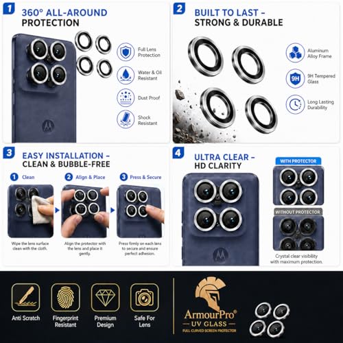 Image of ArmourPro UV Tempered Glass for Motorola Edge 60 Fusion 5G with Silver Camera Ring Guard Combo, Crystal Clear Screen Protector, Case Friendly, Anti-Scratch, Bubble-Free Installation Kit