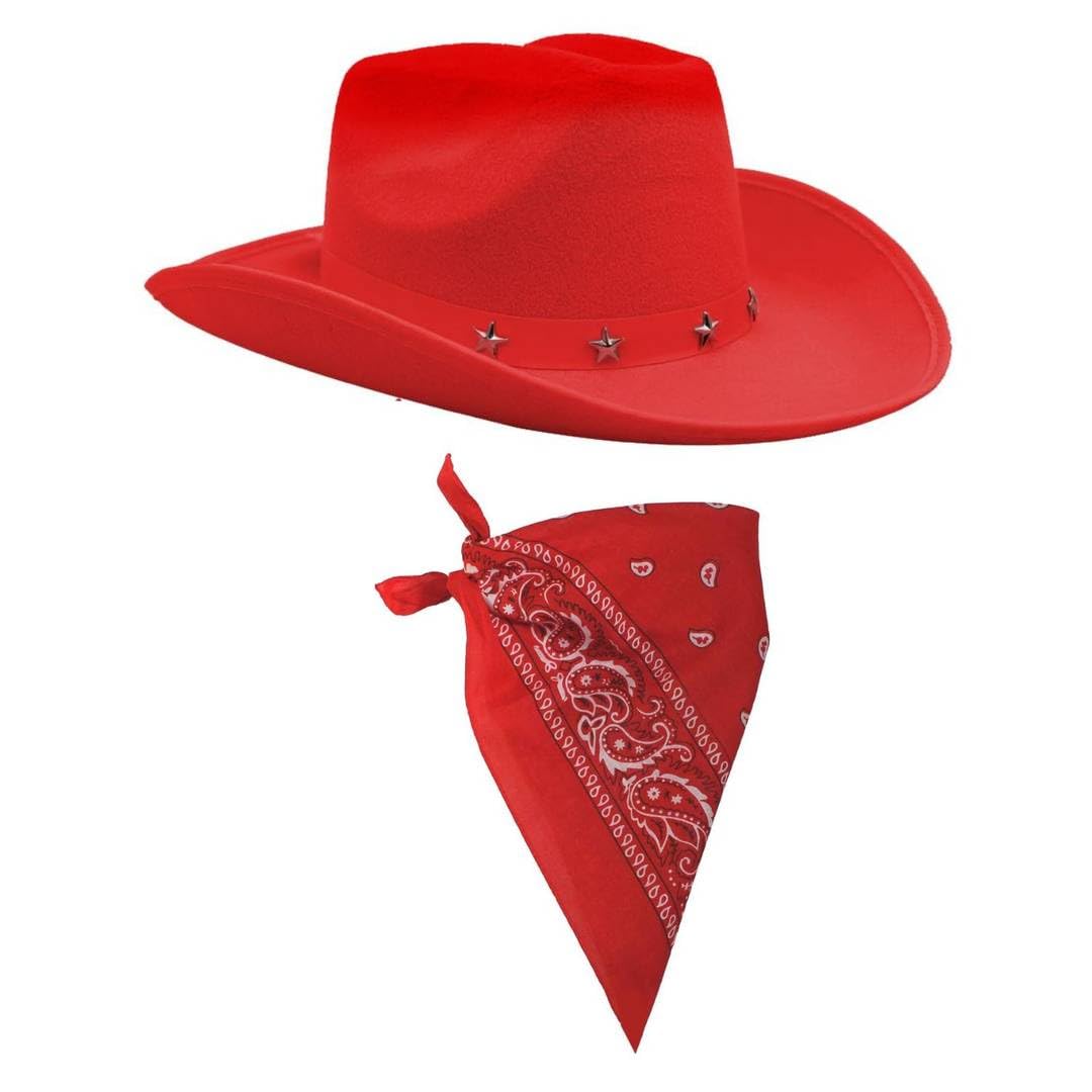 Sombrero de vaquero con tachuelas de estrella roja para niños con bandana de cachemira roja a juego, juego de accesorios de disfraz occidental para fiestas, festivales, eventos temáticos de rodeo