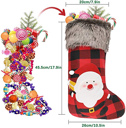 DELUX Christmas Stockings 4Pack 18\'\' Large Xmas Stockings Hand-Knitted Burlap Plaid Style Santa Claus, Reindeer Snowflakes Christmas Tree Decoration and Family Holiday Season Decor (Red)