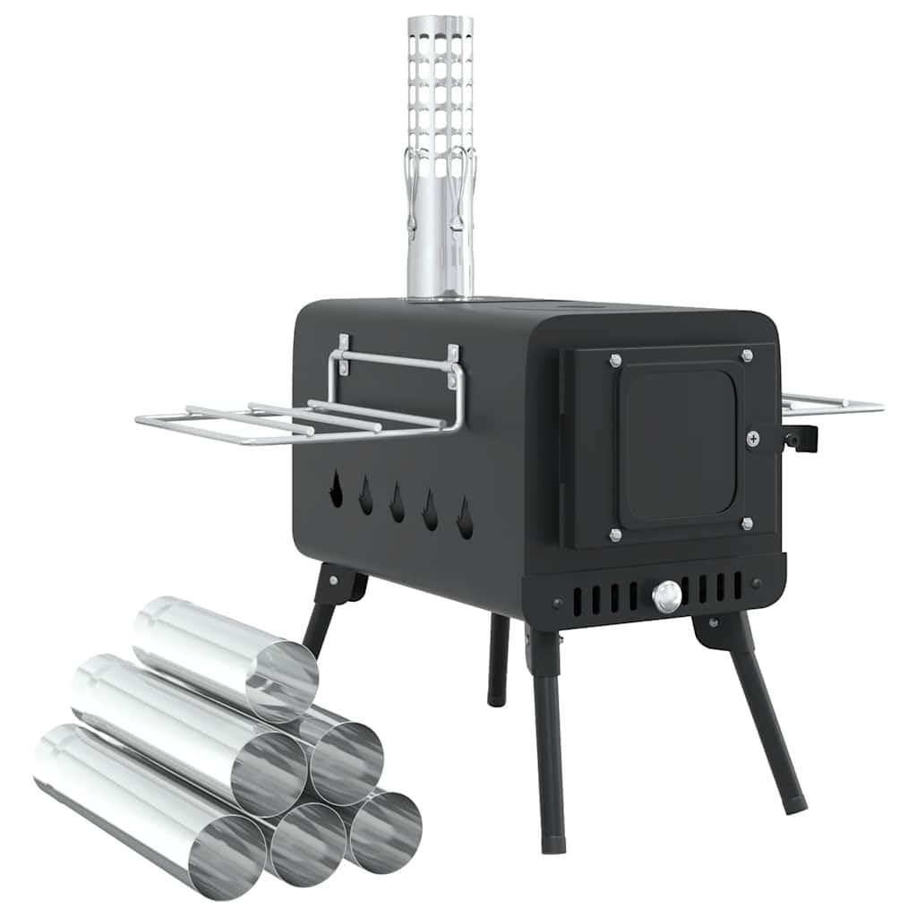 vidaXL Estufa leña de tienda con chimenea patas plegables acero negro