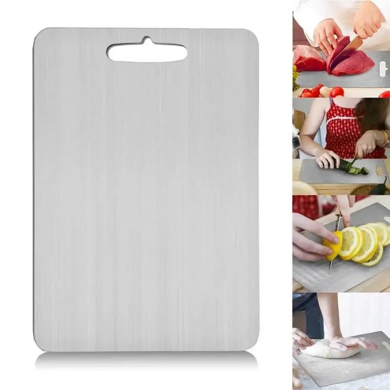 Tabla de cortar de acero inoxidable de doble cara para cocina, diseño de fácil agarre, ideal para carne, frutas y veterinarios, herramienta de encimera de 28 x 39 cm