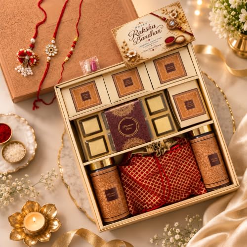 Image of NUTRISNACKSBOX Rakhi Chocolate Gift Box for Brother | 2 Bhaiya Rakhis, Pooja Thali, Roli Chawal & Tikka Stick | Premium Red Hamper