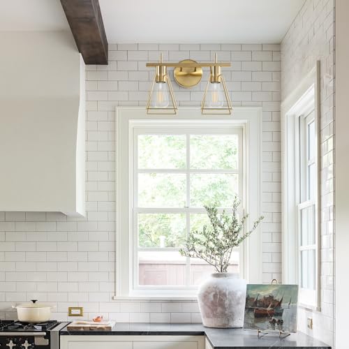 Image of Industrial Bathroom Vanity Lights: 2-Lights Brush Gold Vintage Metal Cage Wall Sconces - Rustic Farmhouse Lightning Fixture Over Mirrors Cabinet for Dressing Hallway