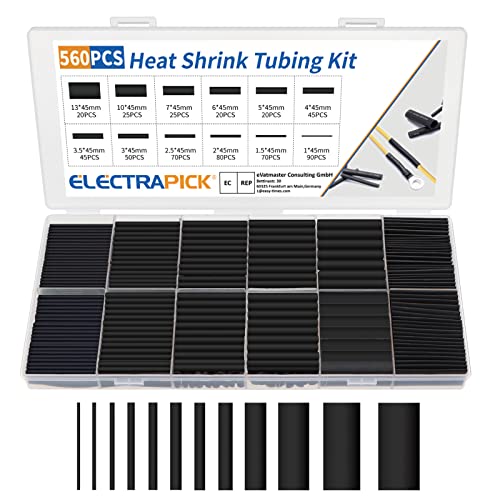 ELECTRAPICK 560 Pcs Heat Shrink Tubing Kit Ratio 2:1 Electrical Shrink Tubing Wire Large Wrap Industrial Shrink Tubes Assortment12 Sizes Black