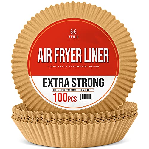 WAVELU Air Fryer Disposable Parchment Paper Liners | EXTRA STRONG | 100pcs | Food Grade Non-stick Unbleached Liners | Oil & Waterproof Sheets for Air Frying, Baking & Microwave (ROUND 7.9 IN (5-8QT))