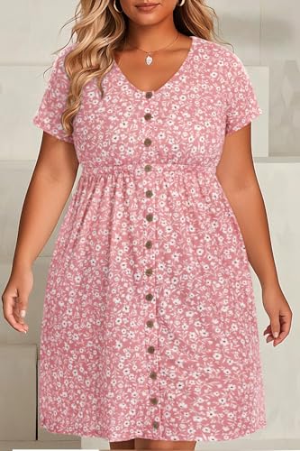 Image of Holipick Women's Plus Size Summer Dresses for Women Casual Dress with Pockets A-Line Swing Button Down Sleeveless V Neck
