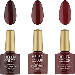 HELEN COLOR Kit 3 Esmaltes em Gel UV/LED 10ml Cada Frasco Secagem Rápida Alta Durabilidade Acabamento Brilhante (Vermelho Escuro)