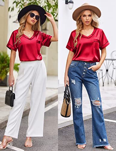 Image of Ekouaer Silk Pajama for Women Short Sleeve Satin Pj Set Two Piece Soft Sleepwear Loungewear S-XXL