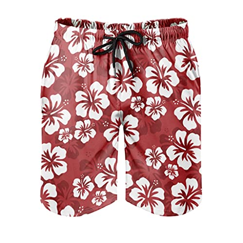 Bañador para hombre, diseño hawaiano, hibisco, flores rojas, surf, estampado moderno con forro de red, pantalones cortos de chándal para correr, con cordón y bolsillos laterales, color blanco, S Cover