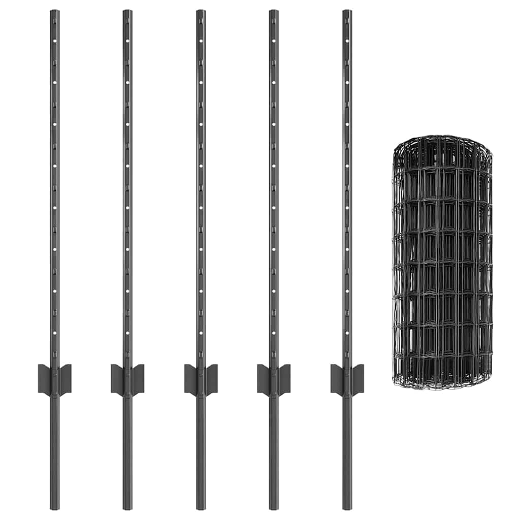 Set di recinzione da giardino, rotolo di recinzione in acciaio e PVC verniciato a polvere, per giardino e terrazza, 10 x 0,8 m, grigio, con pali e kit di montaggio