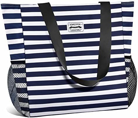 HOMESPON Large Waterproof Beach Tote Bag with Zip and Pockets for Women
