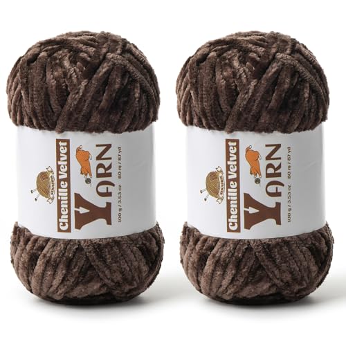 Image of 2 Pack Plush Chenille Chunky Yarn - Fluffy Velvet Yarns Crochet for Blanket Knitting and Crocheting - Soft Baby Yarn for Crocheting - Amigurumi Crochet Yarns 100g (87yds) (2 Coffee)