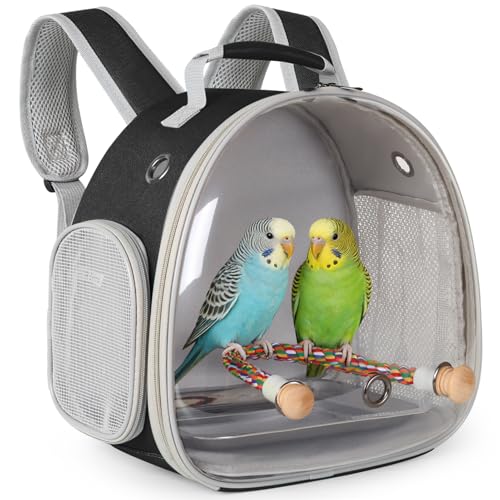 Small Bird Travel Backpack Carrier Cage, Backpack to Transport Backpack Carrier with Metal Tray Stand Perch for Parakeet Cockatiel Budgies Vet Carry Book Bag Black