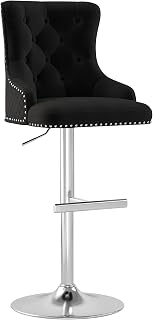 ABET Bar Stool 1 PC, Counter Height Stools with Footrest, Velvet Adjustable Swivel Kitchen Island Chair with Upholstered Tufted High-Back, Lion Head Ring Nailhead Trim, Chrome Base, Black