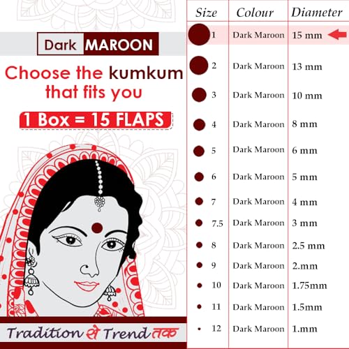 Image of PERPAA Premium Velvet Sticker Kumkum Bindi Box of 15 Flaps - Pottu for Women,Ladies, Girls (Size 10, Diameter 1.75mm, Dark Maroon)