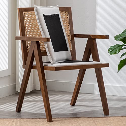 Zhenghao Rattan Dining Chairs Set Of 4, Mid Century Modern Linen Accent Chairs With Mesh Back Upholstered Cane Chairs Comfy Side Chair With Arms For Dining Room/Restaurant/Living Room, Walnut Beige #TOP3