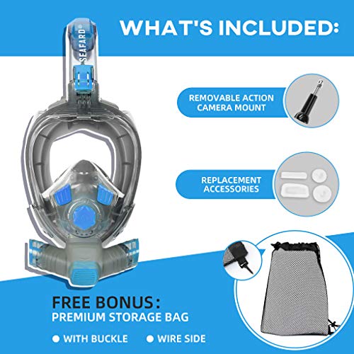 Full Face Snorkeling Mask, Foldable Scuba Diving Swimming Underwater Easy Breath Snorkel Mask with 100% Anti-Fog Dry Top Set/Support Add Mini Oxygen Tank for Youth & Adults Blue