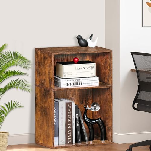 LEYAOYAO 2 Cube Bookshelf,Brown Record Player Stand Holds up to 100 Albums, Mini Wood Book Shelf Storage Organizer,Turntable Stand with Vinyl Storage Cabinet, Narrow Open Bookcase for Small Spaces