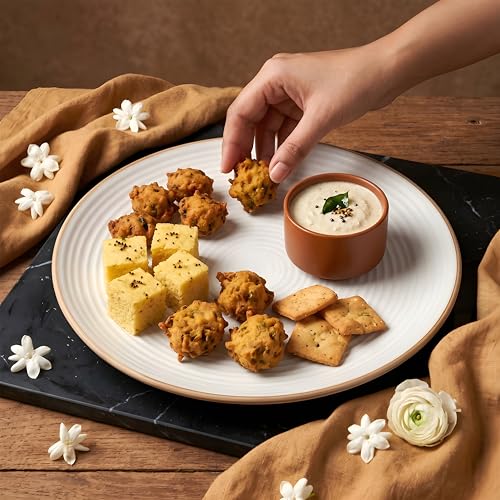 Image of miah decor Dinner Plates Ceramic Set of 4 (10 inch) & Mini Dip Bowl Set of 2 (2.5 inch) | Handcrafted Stoneware Ribbed Off White Matte Finish Plate for Dining & Gifting | Microwave & Dishwasher Safe