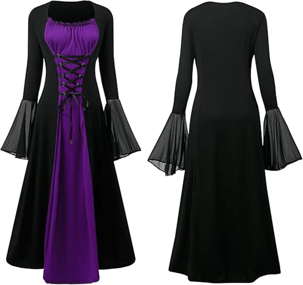 CNVAUIE Renaissance Costume for Women Medieval Dress with Trumpet Sleeves, Gothic Maxi Dress, Carnival, Halloween, Party (Purple, S) - Image 2