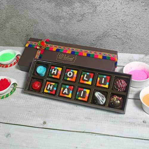 Image of Velvet Fine Chocolates Premium Holi Chocolate Gift Rang Biranga box 12 Assorted Chocolates Holi Gift Pack for Kids, Family, Friends, Employees
