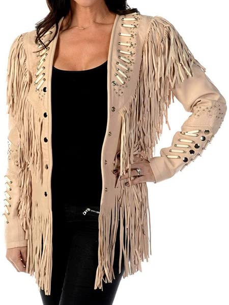 Western Genuine Cowhide Leather Jacket Women Cow-lady Native American Beaded & Fringe Cowgirl Jacket Tassels