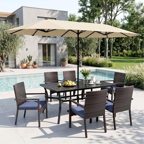 Sophia & William 7pc Patio Dining Set with Beige Umbrella, 6 Rattan Chairs
