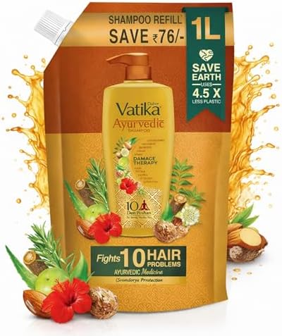Dabur Vatika Ayurvedic Shampoo Refill Pouch - 1 L | Damage Therapy | Power of 10 Ingredients for Solving 10 Hair Problems | No Parabens | For All Hair Types