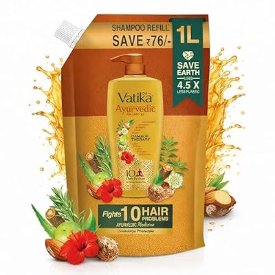 Dabur Vatika Ayurvedic Shampoo Refill Pouch - 1 L | Damage Therapy | Power of 10 Ingredients for Solving 10 Hair Problems | No Parabens | For All Hair Types