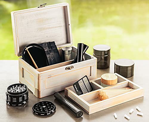 beka. Wooden Stash Box with Rolling Tray Stash Box Combo to Organise your Herbs and Accessories - Rolling Kit with Removable divider - Large stash box and Jewelry box (Vintage White) - Image 2