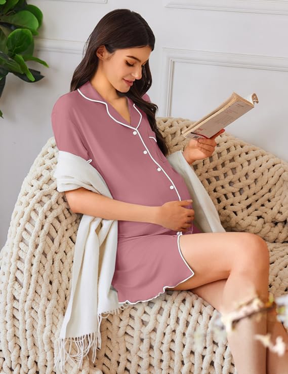 Image of Ekouaer Nightgowns for Women Button Down Sleep Shirt Short Sleeve NightShirts Boyfriend Sleepdress Soft Pajama Dress