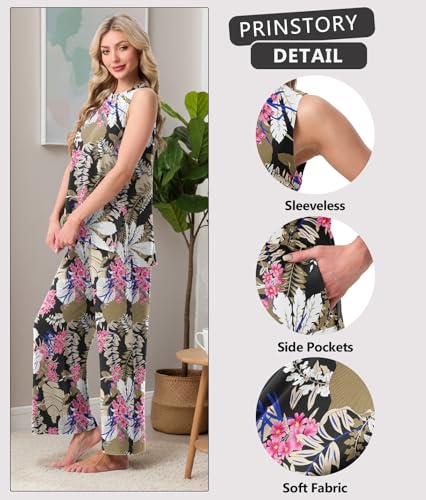 Image of PrinStory Womens Pajamas Sets 2 Piece Soft Pjs for Women Sleeveless Pajama Set Summer Loungewear with Pockets