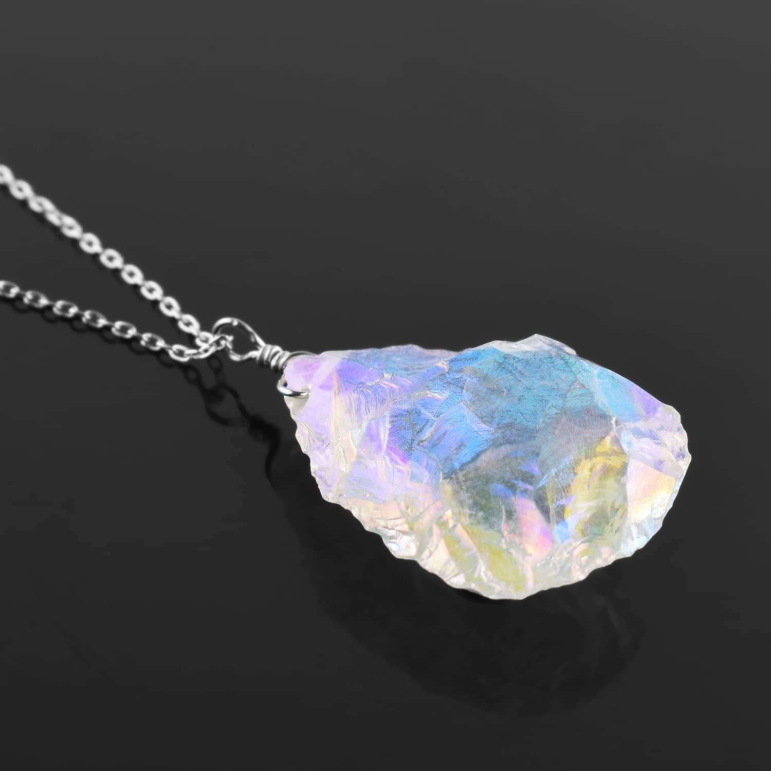 InfinityGemsArt April Birthstone Necklace Raw Angel Aura Quartz Pendant, Dainty Gemstone Rough Crystals Healing Stones Trendy Women Jewelry in 925 Sterling Silver 20 inch Gifts For Women