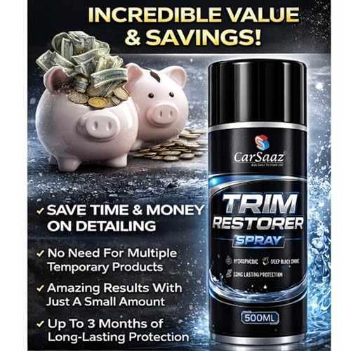 Image of CAR SAAZ Trim Restorer Spray 500ml | Plastic & Rubber Restorer for Car, Bike | Revives Faded Exterior & Interior Parts | Deep Shine, UV Protection & Long Lasting Finish