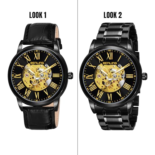 Image of Benling Men's Skeleton Automatic Analog Watch Combo | Open Gear Dial | Leather and Stainless Steel Chain Strap | Luxury Mechanical Movement | Casual & Formal Wear Stylish Wrist Watch for Men
