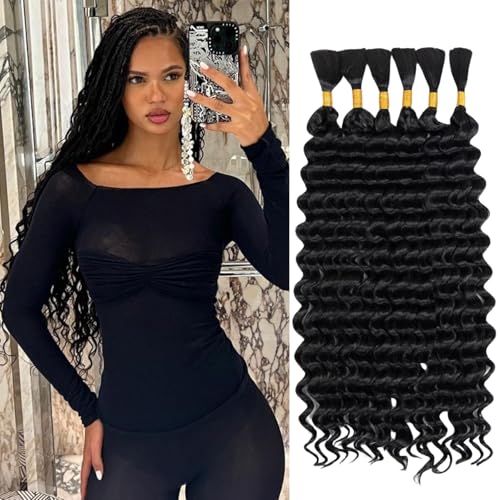 Braiding Hair 200g 20 Inch Deep Water Wave Bulk Hair for Braiding No Weft Bundle Curly Braiding Hair Extensions for Boho Braids Wet and Wavy 6 Bundles/Pack(Natural Black# 200g 20 Inch)