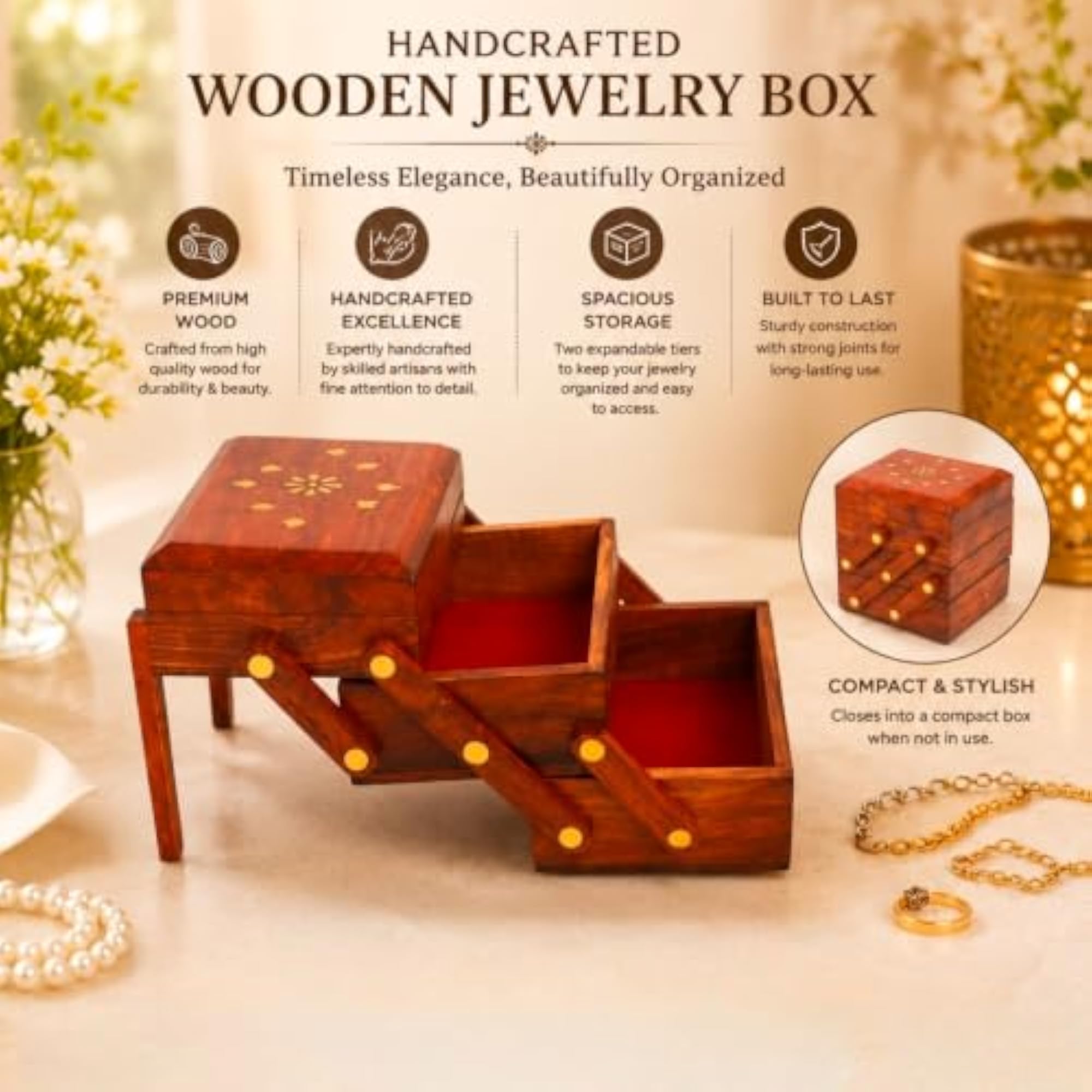 Handcrafted Wooden Expandable Jewellery Box for Women