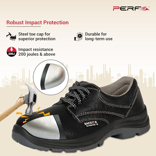 Image of PERF HERMES Safety Shoe - Premium Steel Toe Work Boots with Breathable Leather, Anti-Slip Sole, and Antibacterial Lining for Industrial and Construction Safety